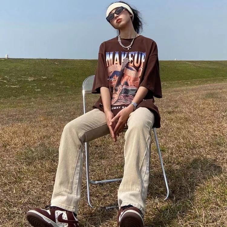 Áo Thun Tay Ngắn Dáng Rộng Bằng Cotton Nguyên Chất Phong Cách Âu Mỹ Thời Trang Mùa Hè Hàng Mới