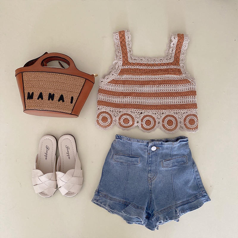 Set Áo Hai Dây Dệt Kim + Quần Short Denim Phong Cách Hàn Quốc Thời Trang Mùa Hè Cho Bé Gái