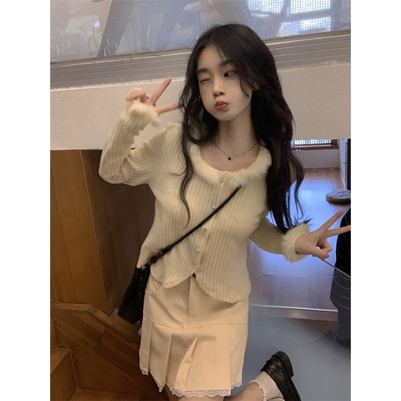 Áo Thun Cardigan Tay Dài Cổ Phối Lông Phong Cách Hàn Quốc Thời Trang Mùa Thu Cho Nữ