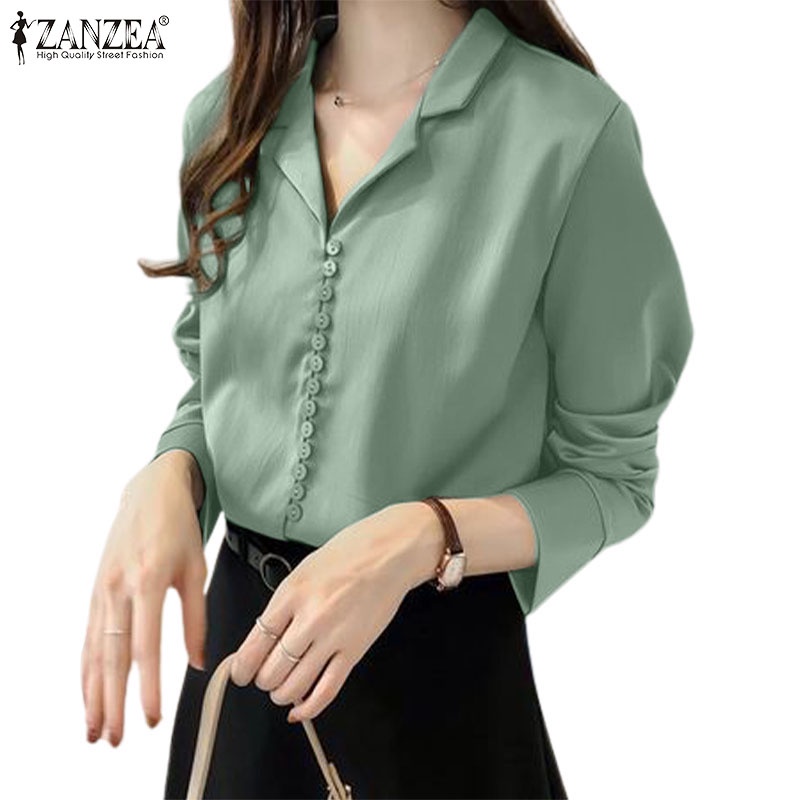 Áo sơ mi ZANZEA tay dài màu trơn phong cách Hàn Quốc thời trang công sở cho nữ
