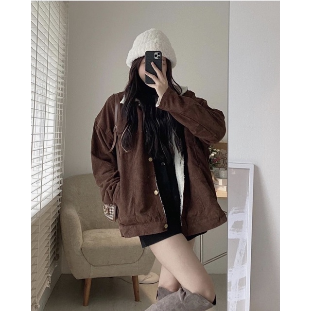 Áo khoác nhung tăm nót lông from rộng over size chất dày dặn 3 màu YANSOO