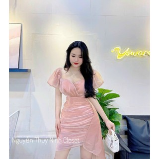 Đầm voan bóng tay ngắn phồng cổ thiết kế đắp chéo có 3 màu trắng đen hồng mặc dự tiệc cực sang