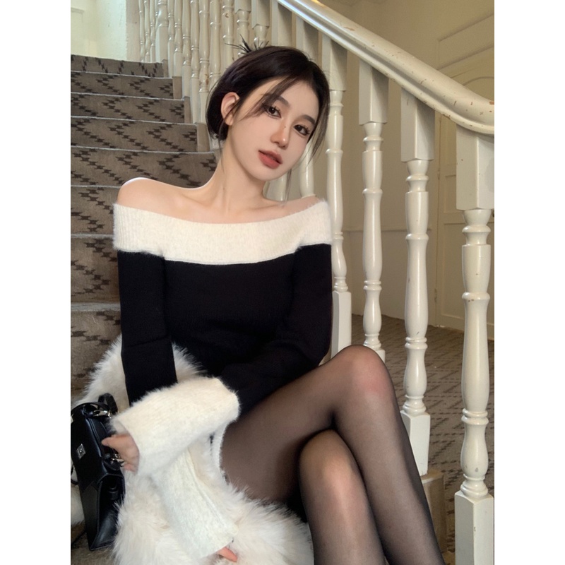 Set Áo Dệt Kim Trễ Vai + Chân Váy Thời Trang Hàn Quốc Cho Nữ