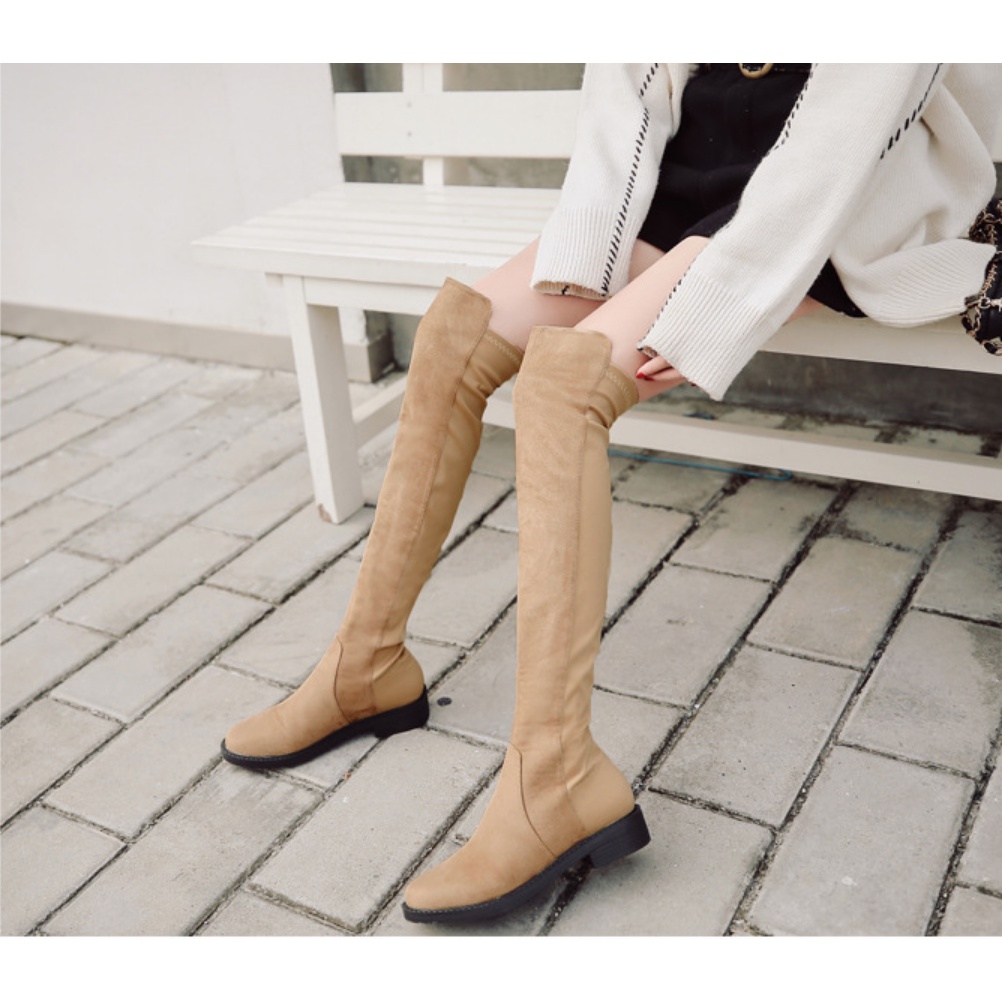 Boot qua gối đế bệt màu đen CHẤT DA LỘN PHỐI SATIN ôm chân GCC12402