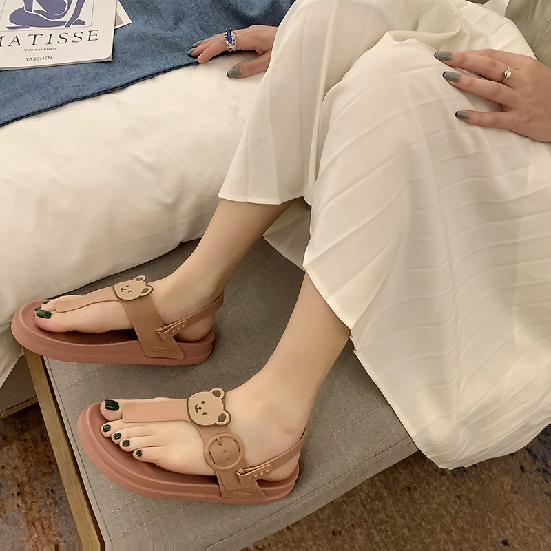 Giày Sandal Hai Cách Mang Hình Chữ T Họa Tiết Gấu Thời Trang Thường Ngày Cho Nữ