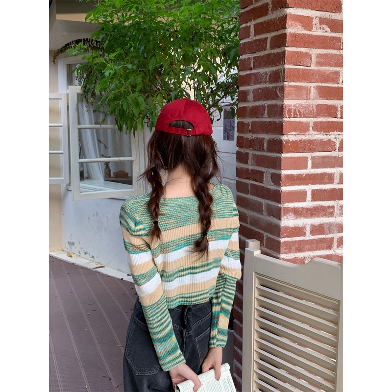 ZHELIHANGFEI Áo Len Tay Dài Cổ Thấp Họa Tiết Sọc Cầu Vồng Theo Phong Cách Preppy Dễ Phối Đồ