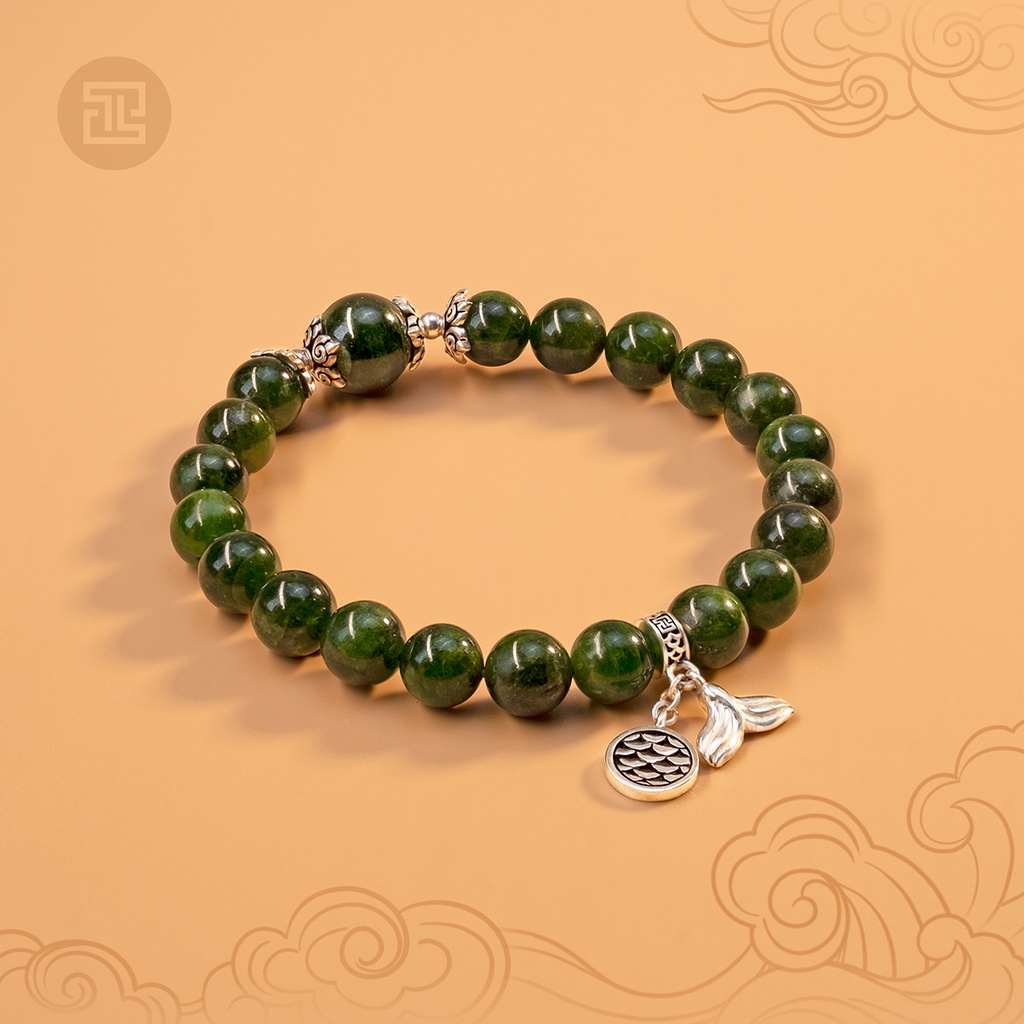 TINH LÂM Vòng Tay Phong Thủy Đá Diopside 8 Li - Charm Ngư Vĩ Hóa Long