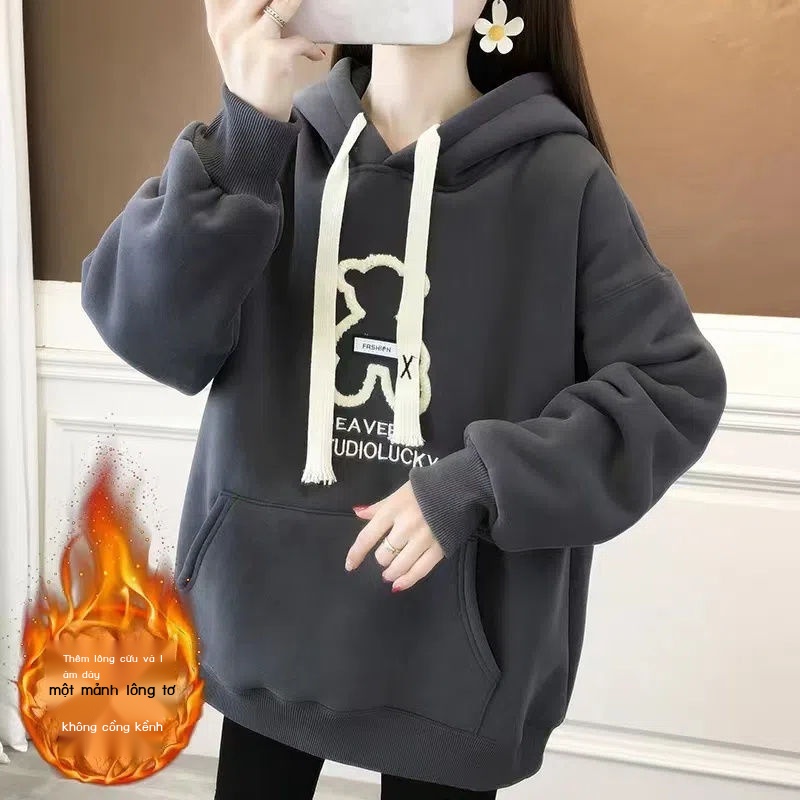 Áo Hoodie Dáng Rộng25% Vải Lông Cừu In Hình Gấu Phong Cách Hàn Quốc Thời Trang Thu Đông Hàng Mới