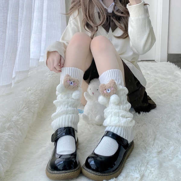 (Hàng Có Sẵn) Vớ Ống Chân Dệt Kim Ba Chiều Đính Bóng Lông Trái Tim Gấu Dễ Thương Phong Cách Lolita Giữ Ấm Mùa Thu Đông Cho Bé Gái