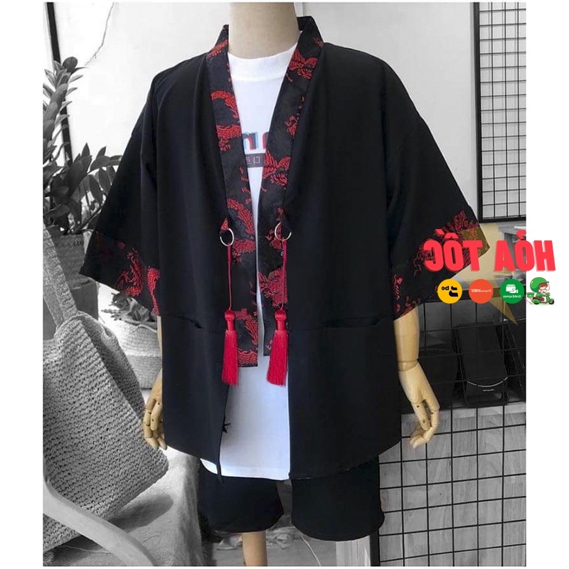 Áo choàng YUKATA HAORI phối gấm rồng đỏ, có chuông như hình