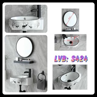 Chậu lavabo rửa mặt hoa văn đi kèm gương và kệ