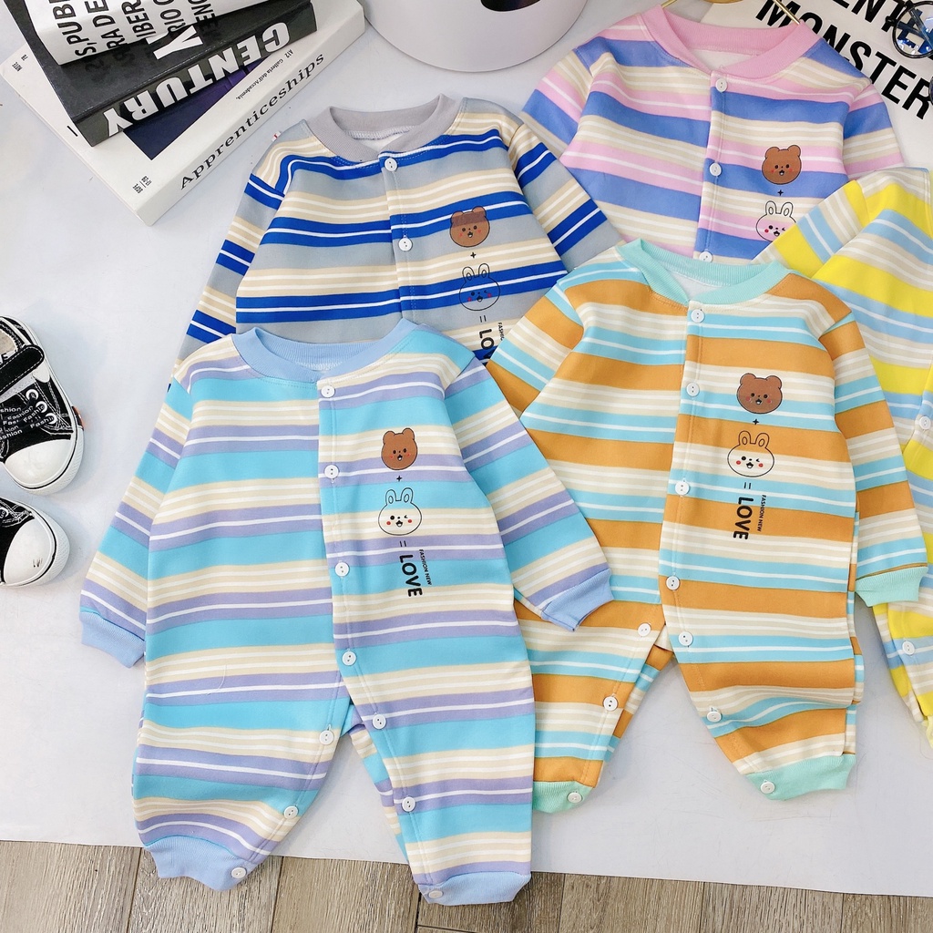 Body nỉ lông bộ liên thân nỉ bông kẻ ngang cúc giữa cho bé