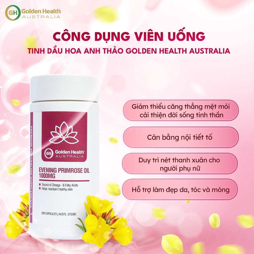 [GOLDEN HEALTH] Viên uống tinh dầu hoa anh thảo Everning Primrose – cân bằng horrmone và sắc đẹp phụ nữ (200 viên)