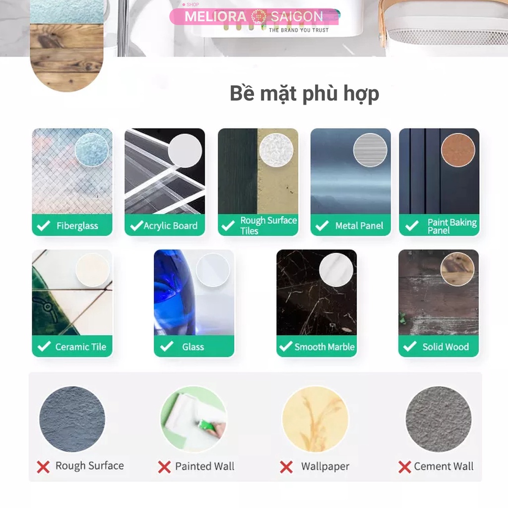 Kệ phòng tắm cao cấp MELIORA không khoan tường tải treo 10kg chống nước tái sử dụng hút chân không treo tường SG558