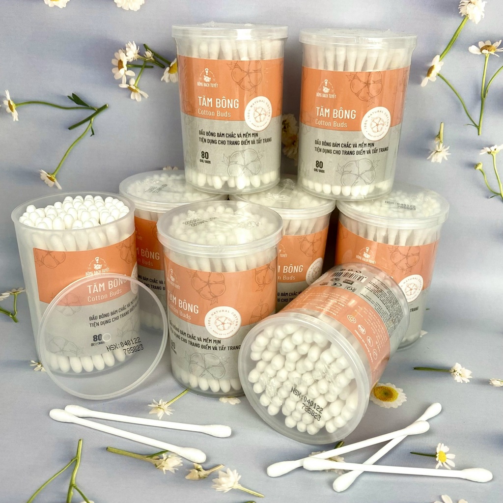 Tăm Bông 80 QUE/ HỘP TRÒN COTTON BUDS đầu tăm lớn có nắp BÔNG BẠCH TUYẾT