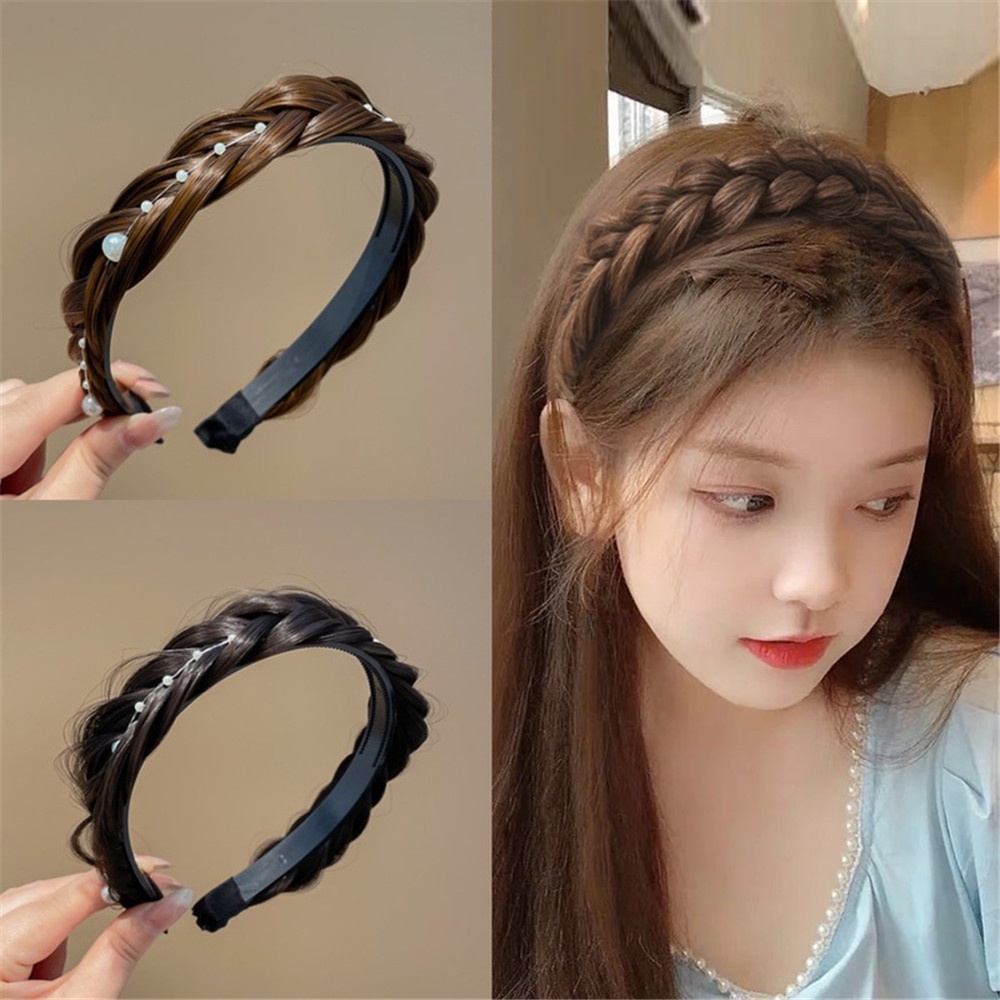 Băng Đô Dạng Tóc Giả Thắt Bím Đính Hoa Và Ngọc Trai Chống Trượt Thời Trang Cho Nữ