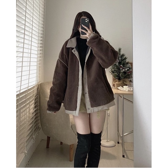 ÁO KHOÁC LÔNG CỪU NÂU ĐẬM PHỐI KẺ CARO SIÊU XINH
