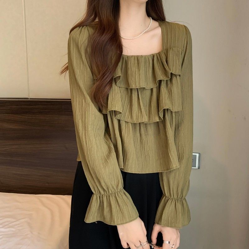 Áo Sơ Mi Tay Dài Cổ Vuông Xếp Ly Phong Cách Thời trang  mùa thu phong cách Pháp nữ