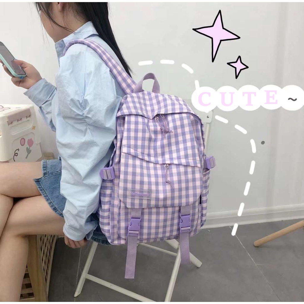 Balo caro nữ đi học vải dù mềm chống thấm nước đựng laptop màu pastel thời trang kẻ sọc đáng yêu giá rẻ P7503