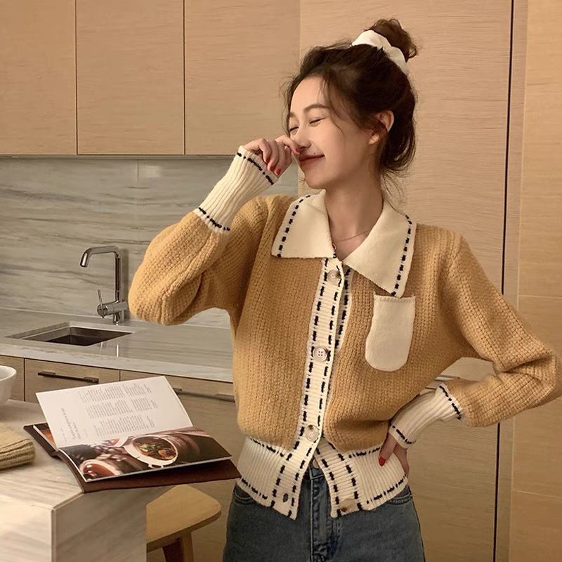 Áo Cardigan Dệt Kim Cổ Polo Dáng Ngắn Ôm Kiểu Hàn Quốc Thời Trang Thu Đông 2022 Cho Nữ