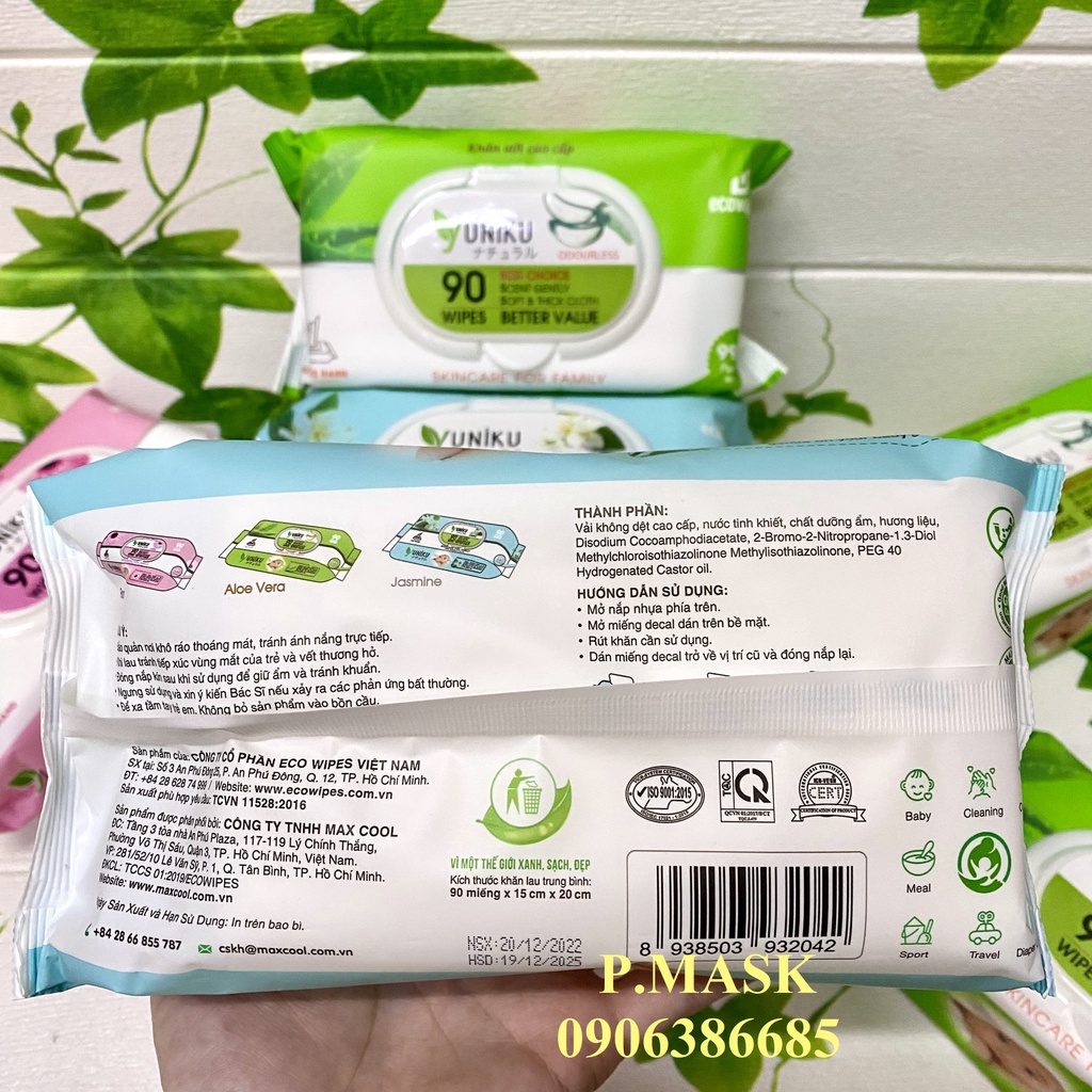 KHĂN ƯỚT YUNIKU vệ sinh cho bé an toàn 90 MIẾNG / GÓI hương Lài / hương Phấn / không mùi hương - HÀNG CHÍNH HÃNG CAO CẤP