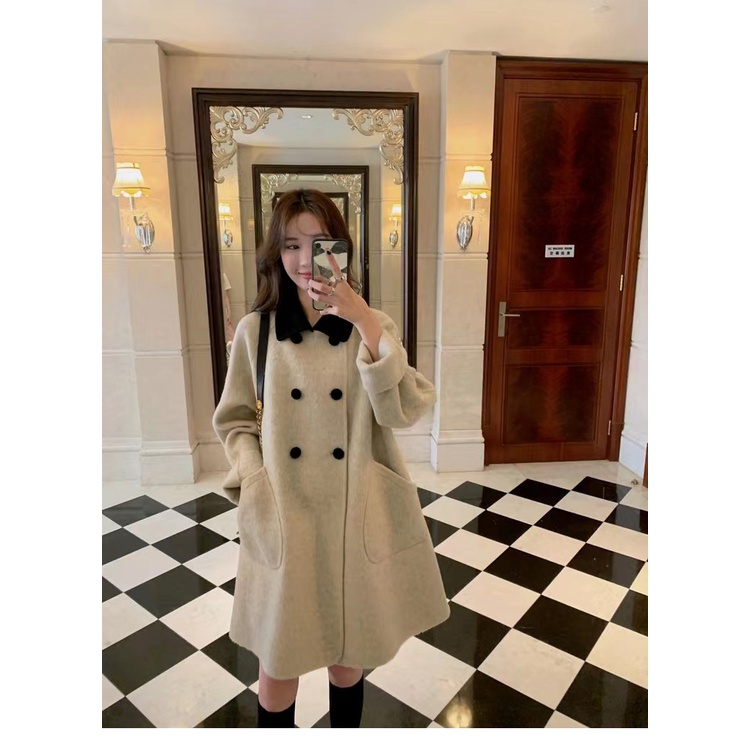【Fashion.Style.life】Áo khoác ngoài lông thỏ,Khoác len dài nữ,Áo đông nữ phong cách retro,Áo khoác nữ mùa đông,Áo khoác dạ dáng dài,Áo khoác đụng màu lật cổ áo,Áo Khoác Len Hai Mặt Màu Sắc Tương Phản Thời Trang Thu Đông Cho Nữ