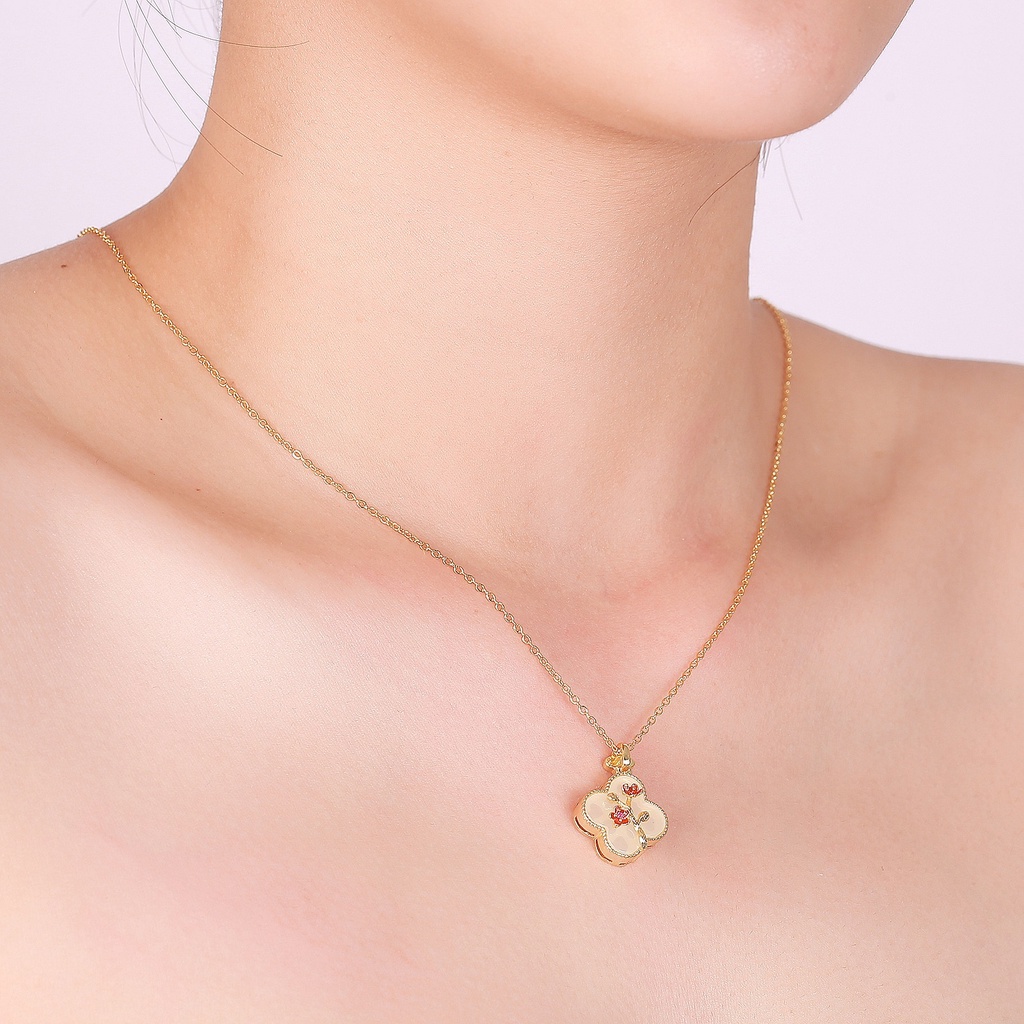 Bộ Vòng cổ + Bông Tai Hình Cỏ Bốn Lá Tráng Men Thủ Công Phong Cách Trung Hoa Cổ Điển Dễ Thương