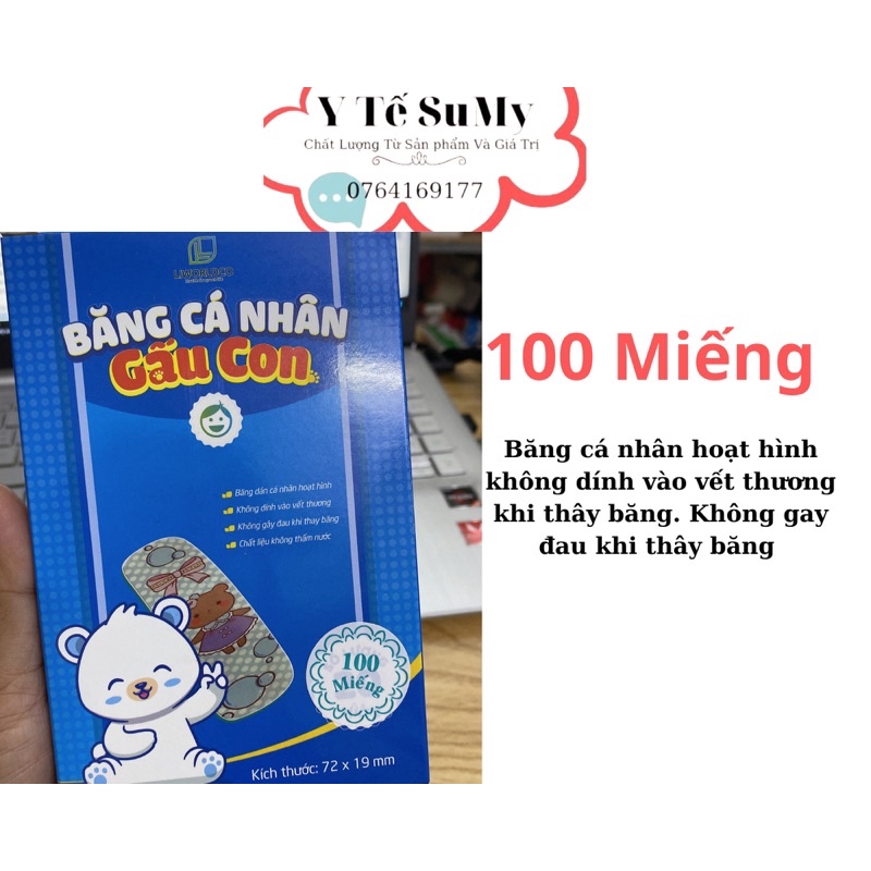 Hộp 100 miếng băng keo cá nhân hình gấu con cute cho bé - Băng dán cá nhân liworldco kích thước 72 x19mm không thấm nước