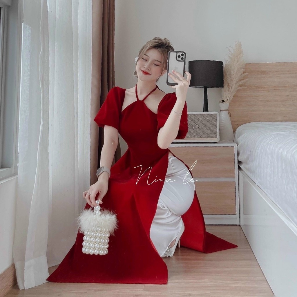 Áo dài cách tân phong cách hiện đại vải nhung đỏ kèm quần lụa phù hợp đi chơi, lễ tết