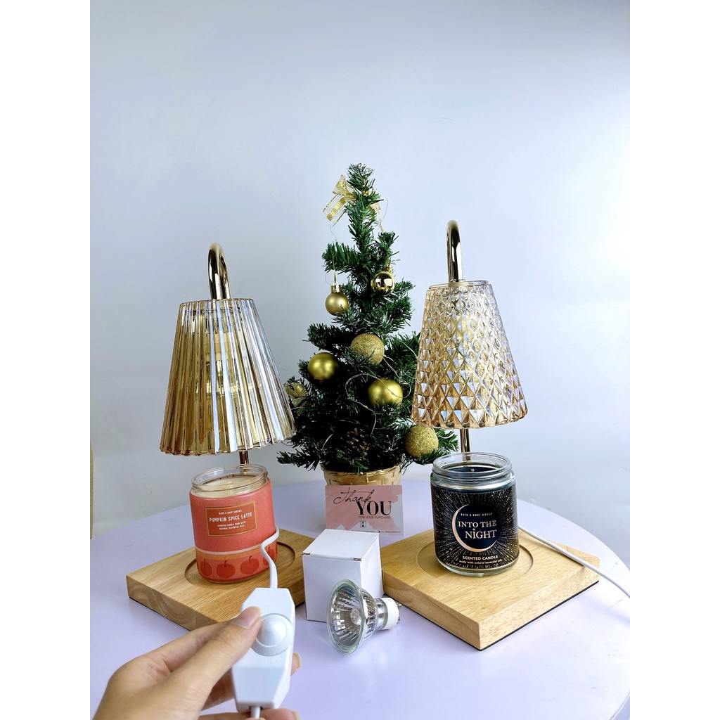 Đèn đốt nến thơm đế gỗ nón thủy tinh có chỉnh độ sáng - tặng kèm bóng