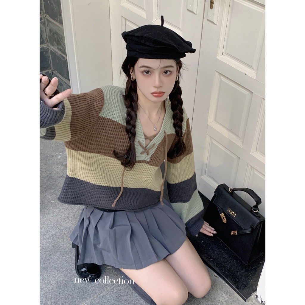 Áo Dệt Kim Tay Dài Cổ Chữ V Màu Trơn Dáng Ôm Họa Tiết Kẻ Sọc Thời Trang Hàn Quốc 2023 Cho Nữ