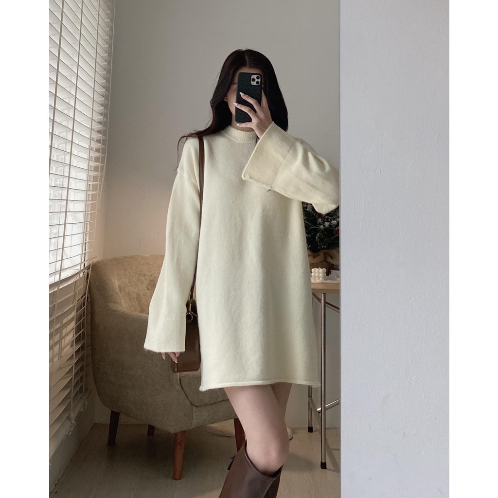 Áo len dáng dài cổ tròn len mịn tay loe basic ulzzang - Made by Fiin