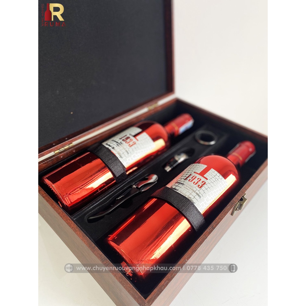 Hộp quà tết rượu vang Ý 1933 Ruby - Hộp gỗ mặt da kèm phụ kiện