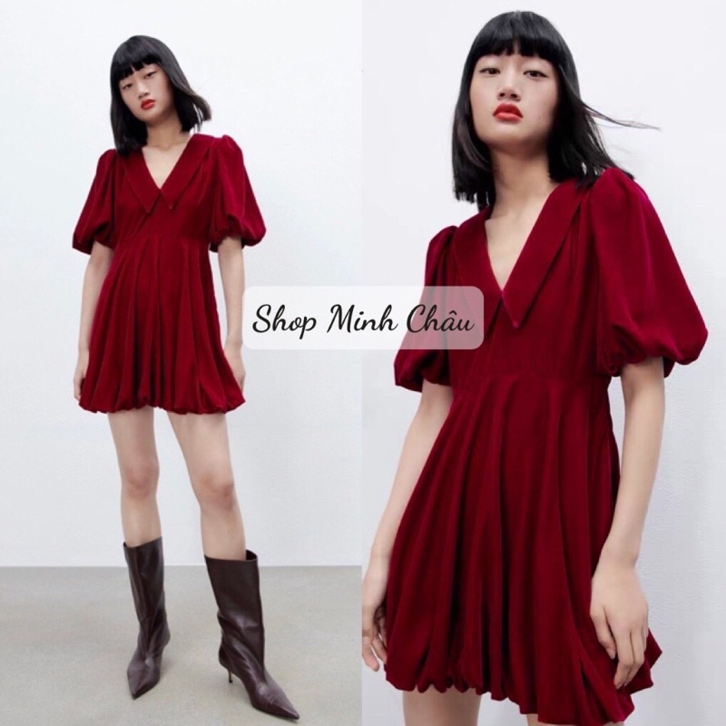 (Sẵn)Váy nhung đỏ đô cổ sen Zarraa tuồn sịn