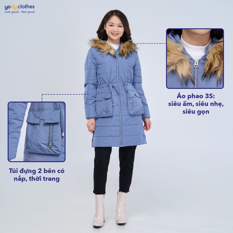 Áo khoác dáng dài nữ Y.O.D.Y mũ lông, thắt eo trẻ trung từ 43-55kg
