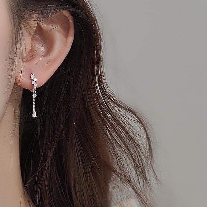 Khuyên tai bạc khuyên tròn sát tai nạm một hàng đá thả đá tua dài nhẹ nhàng Van jewelry