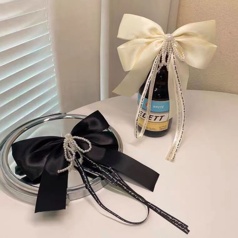 Kẹp Tóc Nơ Ruy Băng Dài Đính Ngọc Trai / Nơ Bằng Satin Phong Cách Vintage