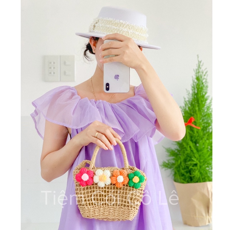 Túi cói quai bện mix hoa phong cách vintage-Tiệm Cói Cô Lê