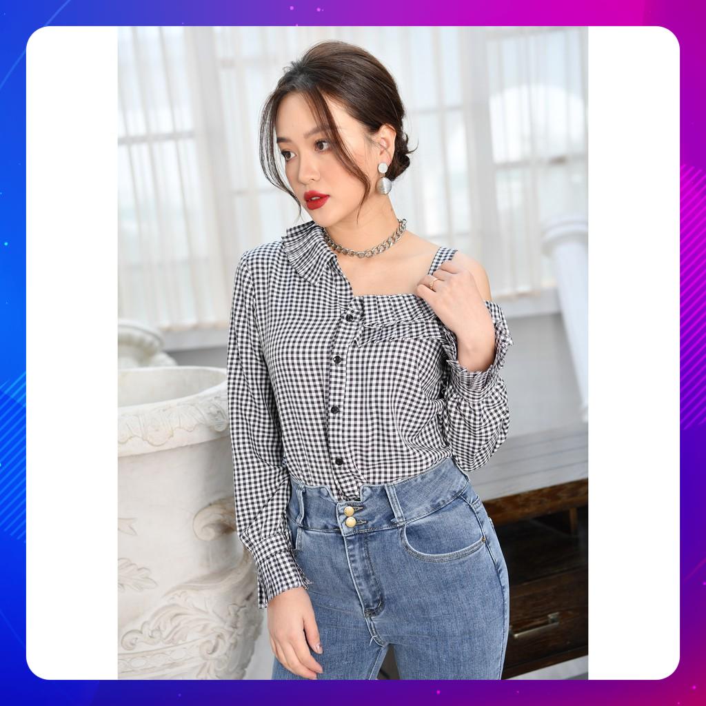 Áo sơ mi xếp ly lệch vai hot trend 2021 SM202108