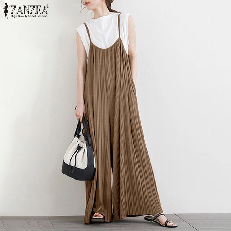 Áo liền quần dài ZANZEA không tay màu trơn thời trang cho nữ