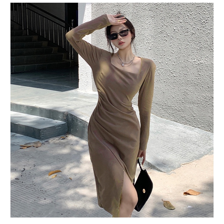 ZHELIHANGFEI Váy Pháp dài tay, nhiệt độ khe cao eo thon gợi cảm chân váy midi.