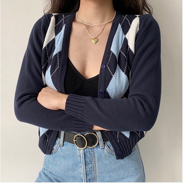 Áo khoác cardigan ZHELIHANGFEI dệt kim tay dài cổ chữ v lưng cao phong cách retro Mỹ