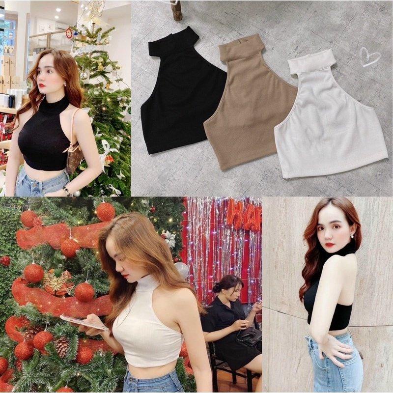 Áo yếm trơn, áo croptop hở lưng có ngọc chất gân nhuyễn
