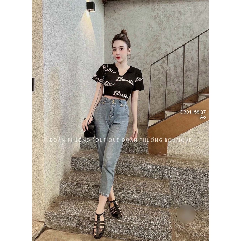 Áo len croptop họa tiết chữ barbie cổ bẻ tay con hàng QC