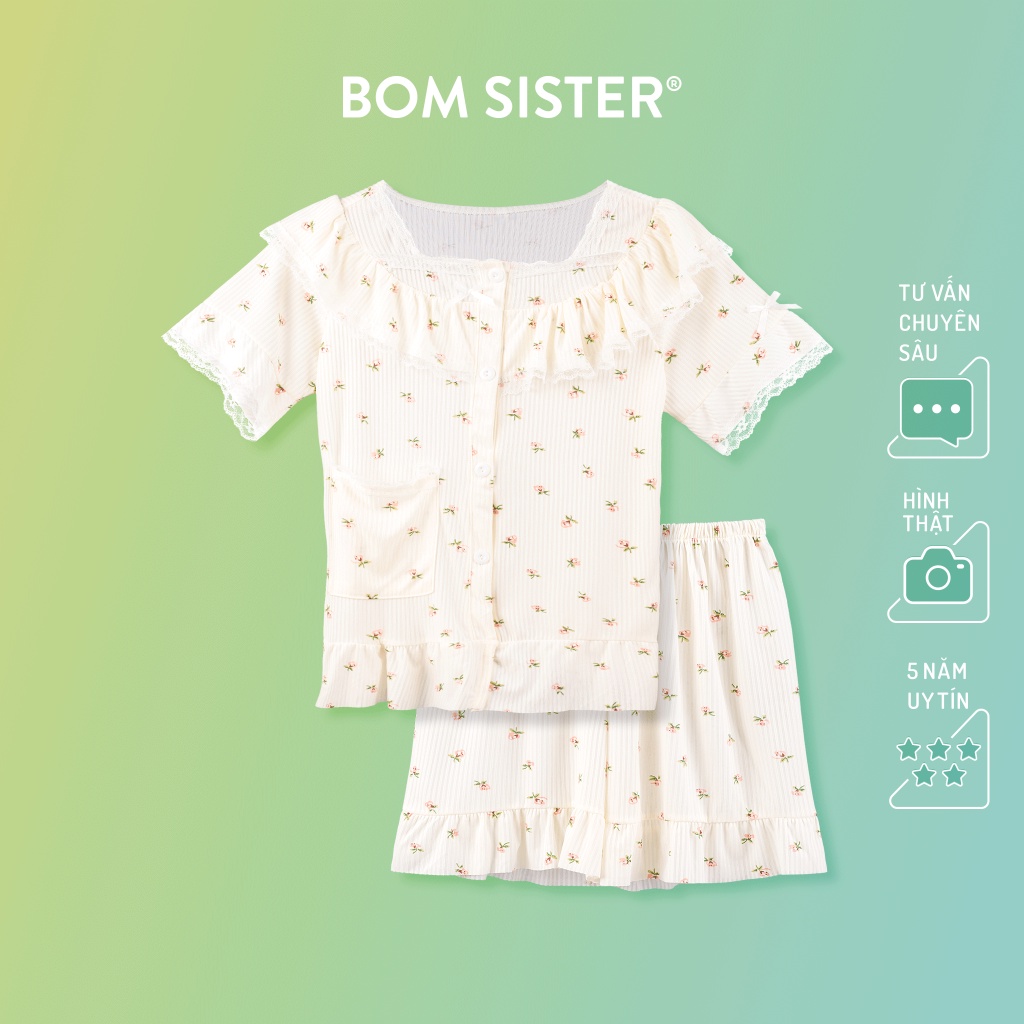 Set đồ ngủ áo ngắn tay quần đùi viền ren họa tiết hoa nhí BOM SISTER DN2810