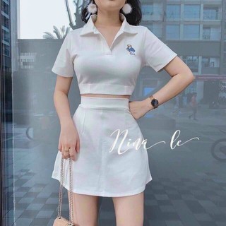 🔥 Set bộ polo nữ áo croptop thêu hình gấu kèm chân váy( có lót trong) siêu hot - KÈM ẢNH THẬT🔥
