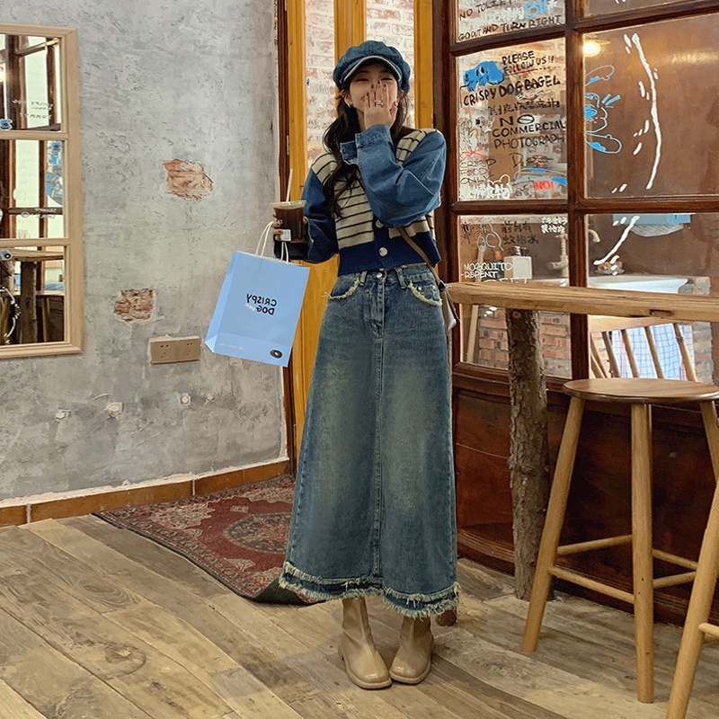 Chân Váy Denim Chữ A Lưng Thun Cao Xẻ Tà Thời Trang Mùa Xuân Mới 2023