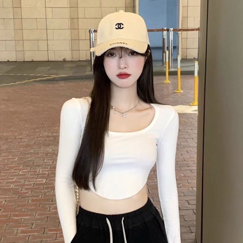 Áo kiểu thun croptop tay dài tà bầu cổ U thời trang cho nữ