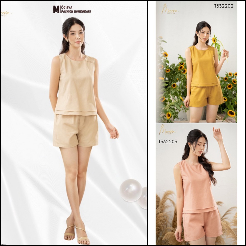 Bộ mặc nhà Linen Hàn cao cấp Mộc Eva áo sát nách quần đùi mềm mại thoáng mát T332202 -03 - 04