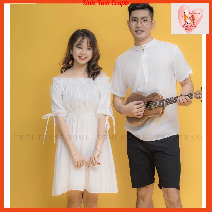 Đồ đôi nam nữ đẹp đi du lịch, chụp hình cưới: Set áo váy sơ mi Hàn Quốc